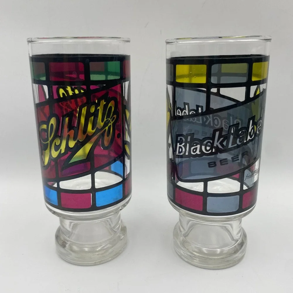 Vintage Stained Glass Beer Glasses Set of 6 PBR Miller Schlitz Falstaff Schaefer